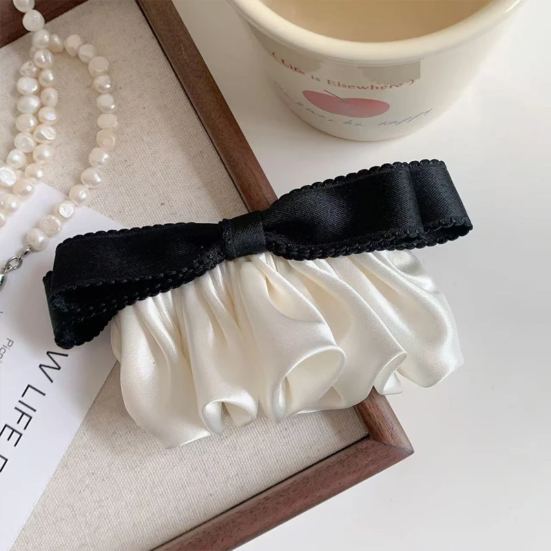 1pc sweet lace satin pleated bow hair clip, French elegant and versatile spring clip, fashion new contrast design spring clip