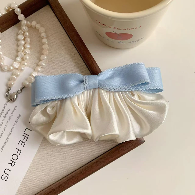 1pc sweet lace satin pleated bow hair clip, French elegant and versatile spring clip, fashion new contrast design spring clip