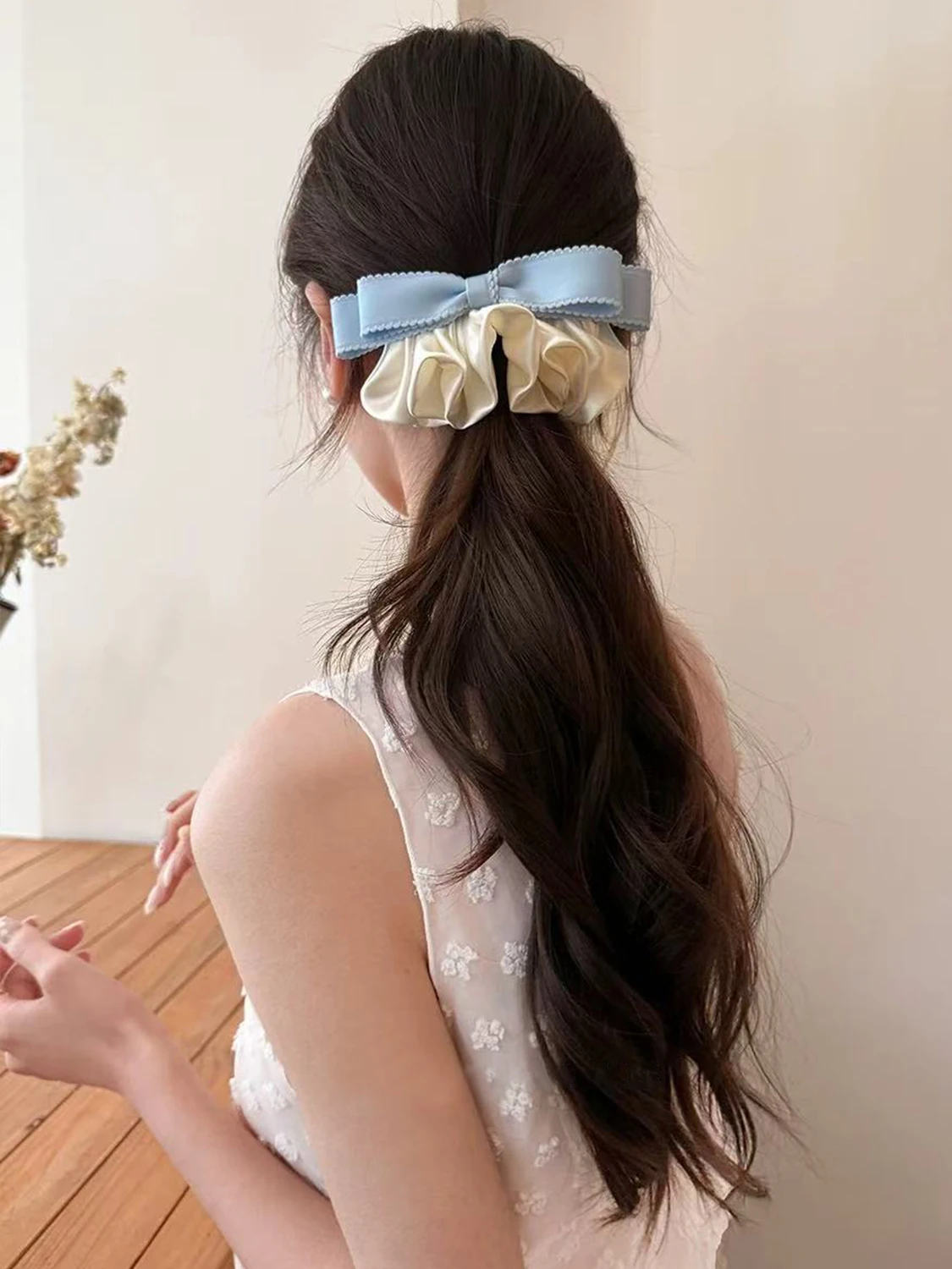 1pc sweet lace satin pleated bow hair clip, French elegant and versatile spring clip, fashion new contrast design spring clip