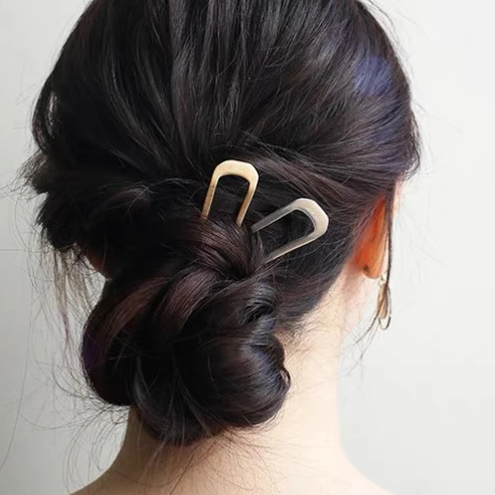 Simple U Shaped Metal Hair Sticks 2 Prongs Twist Hair Fork For Buns Chignons Women Girls Ponytail Hold Daily Hairstyles Tool