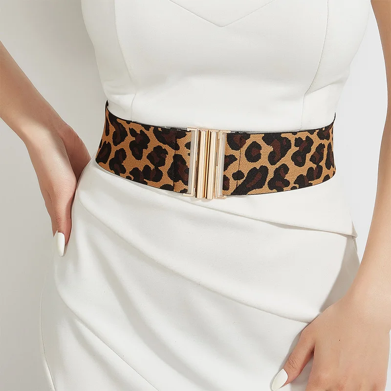 Fashion Elastic Leopard Wide Corset Belt Big Cummrebunds Designer Belts For Women High Quality Luxury Stretch Waistband Female