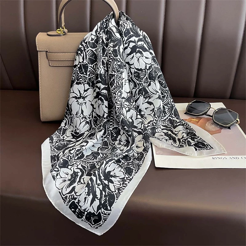 70cm Floral Printed Square Scarf - Lightweight Silk Fashion Accessory For Women, Elegant Neck Head Wrap Shaw