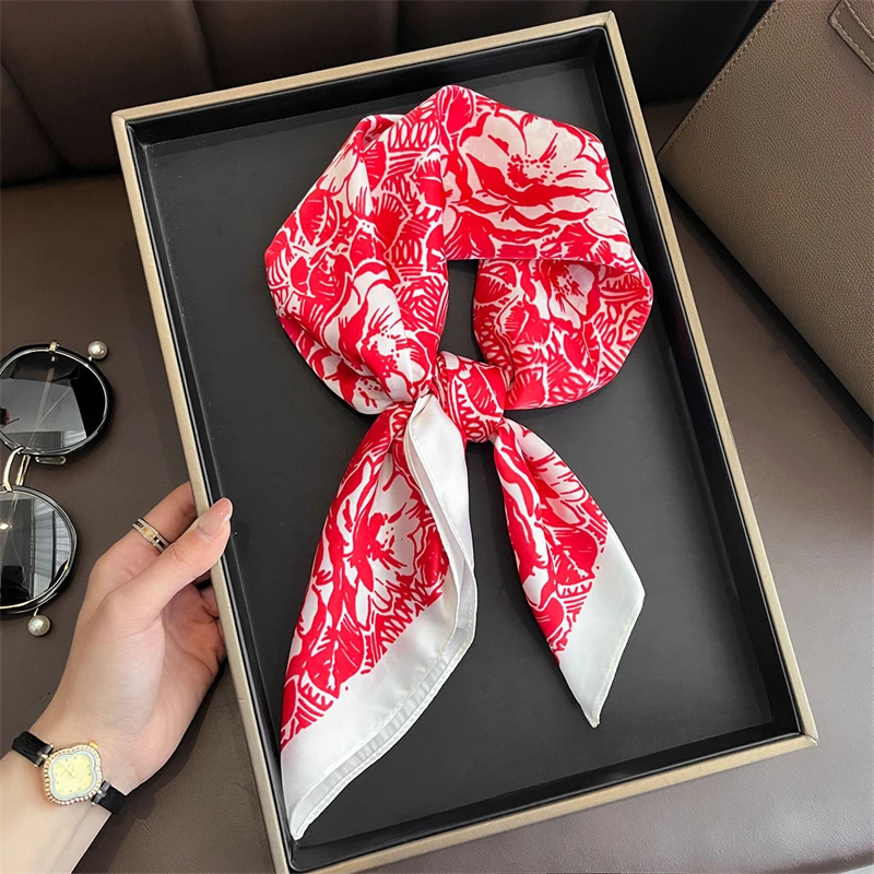 70cm Floral Printed Square Scarf - Lightweight Silk Fashion Accessory For Women, Elegant Neck Head Wrap Shaw