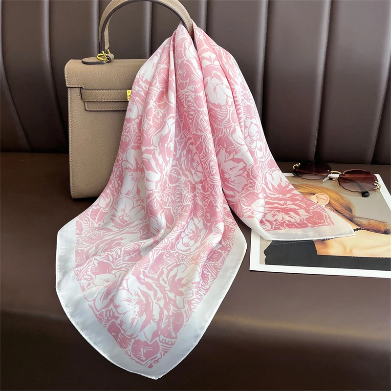 70cm Floral Printed Square Scarf - Lightweight Silk Fashion Accessory For Women, Elegant Neck Head Wrap Shaw