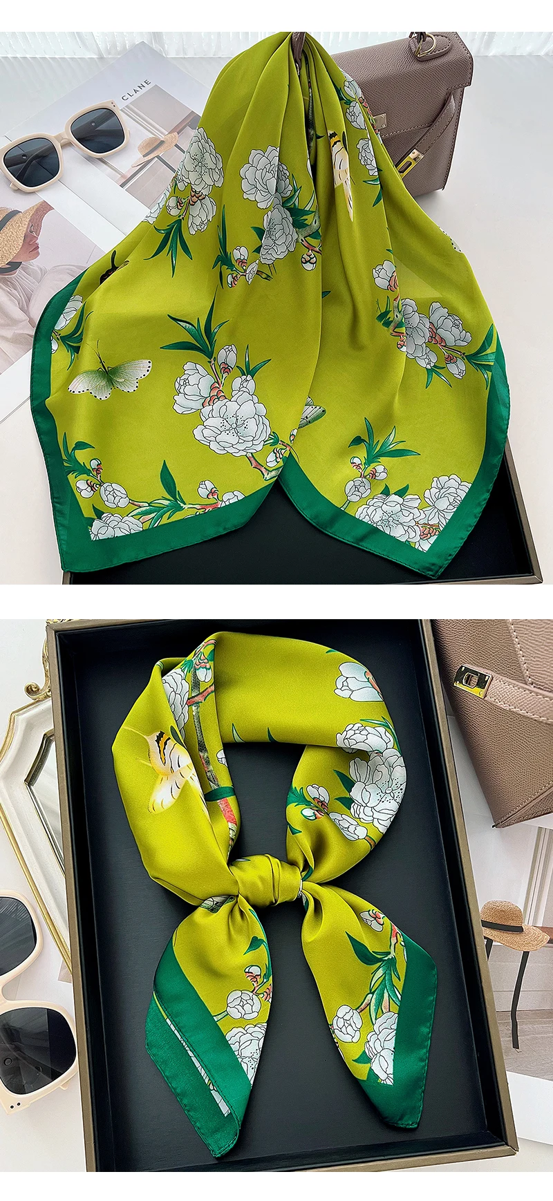 Imitation Silk Scarf For Women Green Square Scarf Bandanna Spring/Summer Luxury Headband Hair Scarf Soft Stain Neckerchief