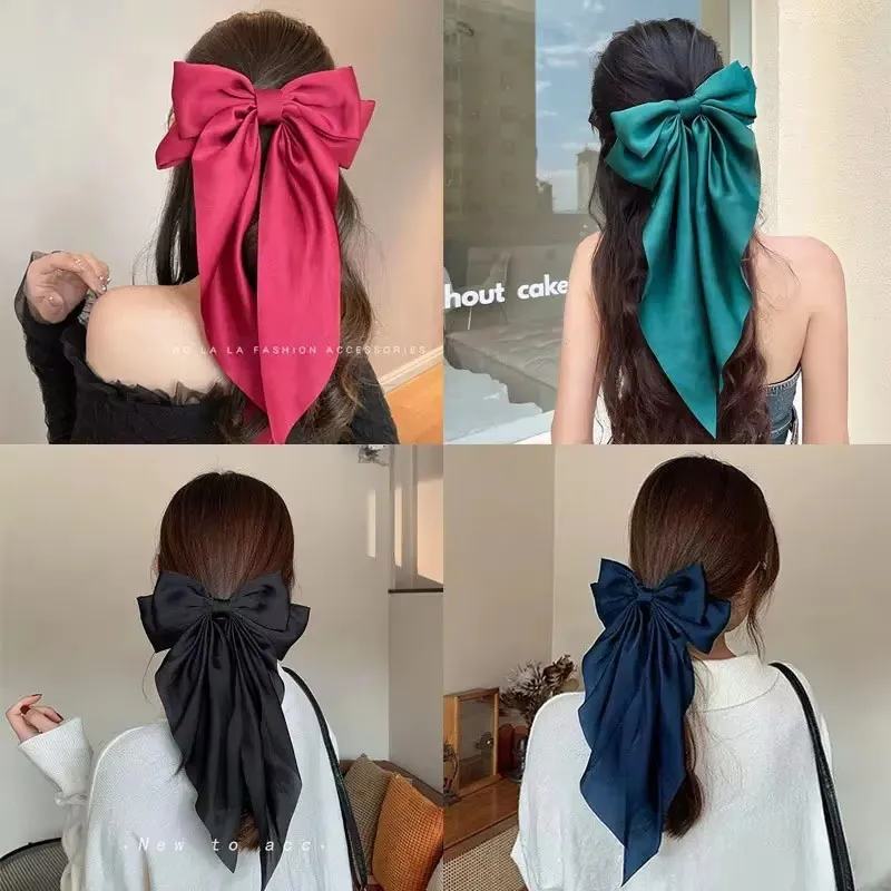 Solid Soft Satin Large Bow Ribbon Hair Clip For Women Girls Sweet Ornament Headbands Hairpin Barrette Fashion Hair Accessories