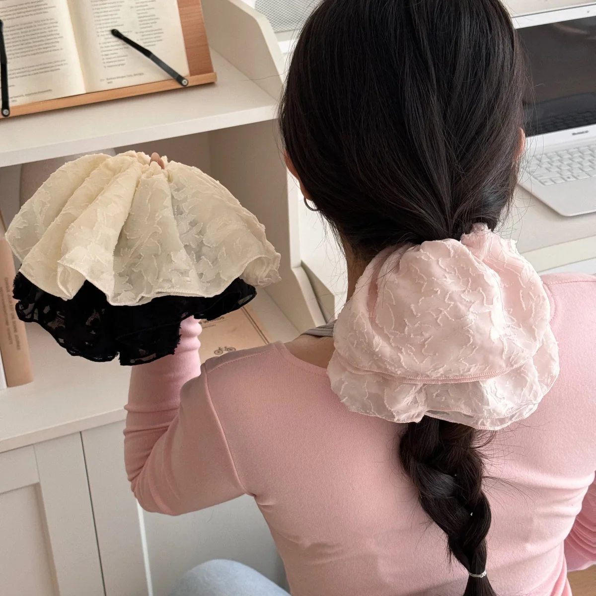 26CM Lace Pleated Large Intestine Hair Band Double Layer Oversized Premium Hair Rope Rubber Band Headdress