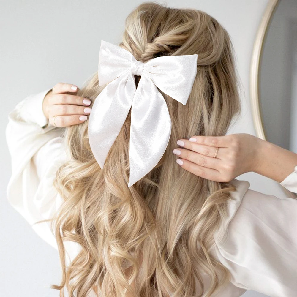 Chiffon Bow Hair Clip Women Medium Bowknot Satin Hairpin Barrettes Girls Solid Color Ponytail Hair Accessories Headwear Gift
