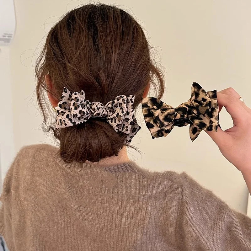 1PC Leopard Bow Marble Head Grab Clip Advanced Sense Net Red New Temperament Fashion Plate Fixed High Ponytail Hair Clip