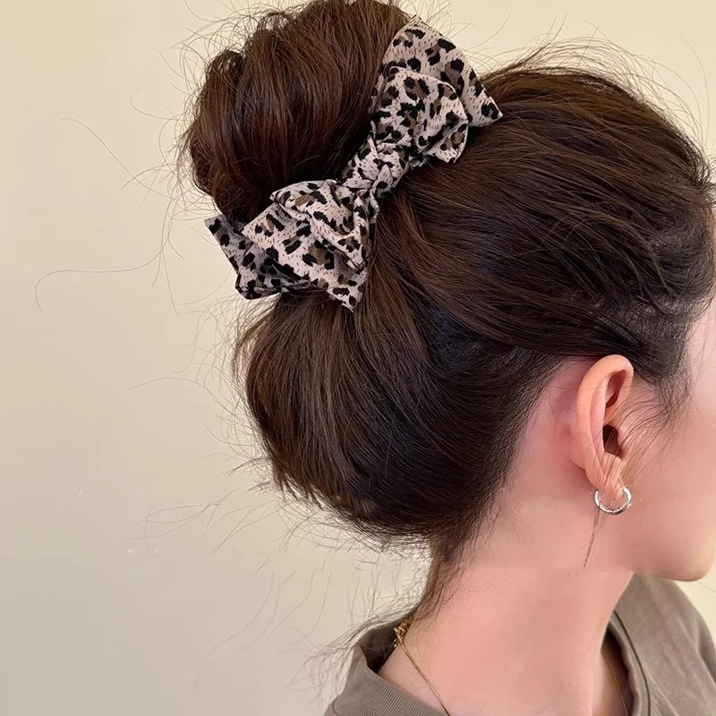 1PC Leopard Bow Marble Head Grab Clip Advanced Sense Net Red New Temperament Fashion Plate Fixed High Ponytail Hair Clip