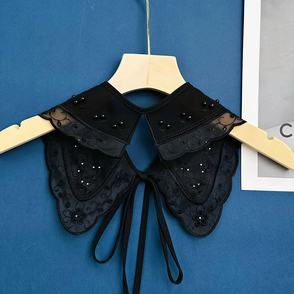 New Organza Embroidered Pearl Decorative Shawl with Black and White Small Collar, Nail Bead Tie, Versatile Style, Fake Collar