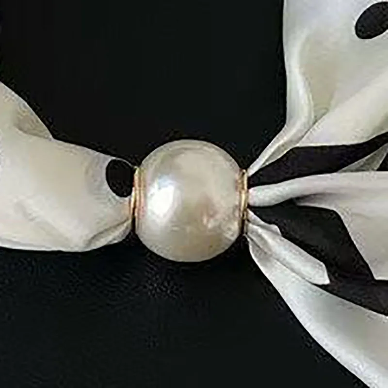 Women Satin Neck Scarf Choker, Black White Striped Small Scarf with Magnetic Big Pearl Buckle, Elegant Decorative Neck Band Acce