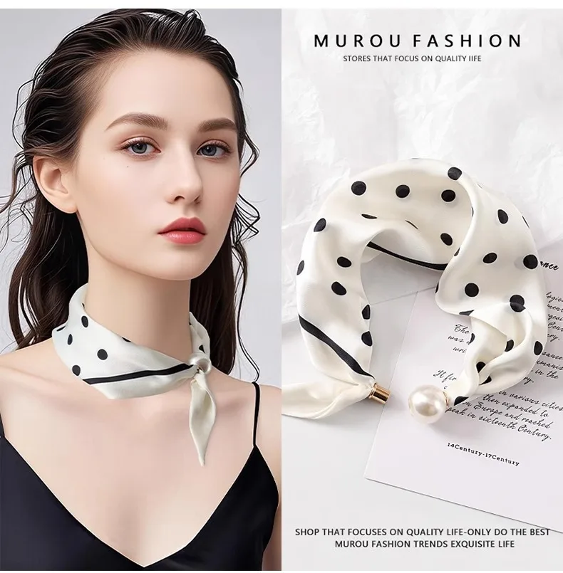 Women Satin Neck Scarf Choker, Black White Striped Small Scarf with Magnetic Big Pearl Buckle, Elegant Decorative Neck Band Acce