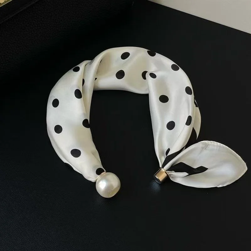 Women Satin Neck Scarf Choker, Black White Striped Small Scarf with Magnetic Big Pearl Buckle, Elegant Decorative Neck Band Acce
