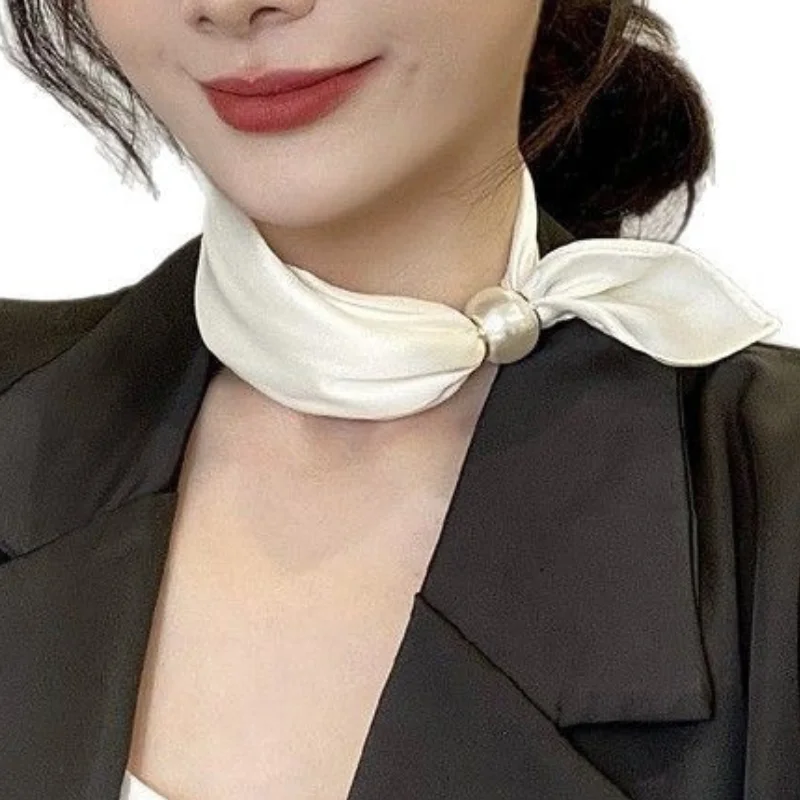 Women Satin Neck Scarf Choker, Black White Striped Small Scarf with Magnetic Big Pearl Buckle, Elegant Decorative Neck Band Acce