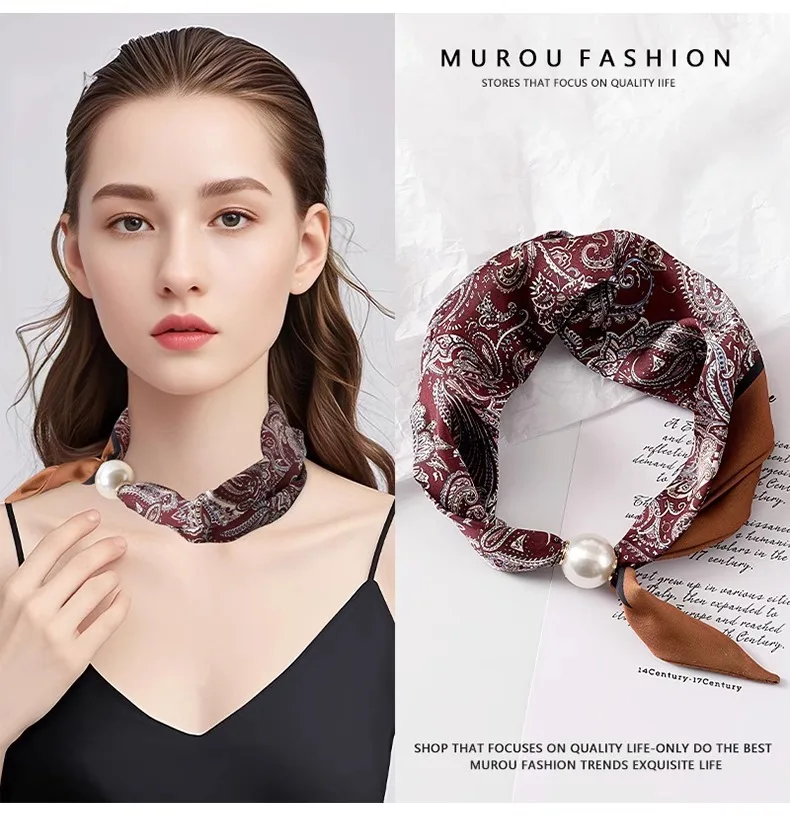 Women Satin Neck Scarf Choker, Black White Striped Small Scarf with Magnetic Big Pearl Buckle, Elegant Decorative Neck Band Acce