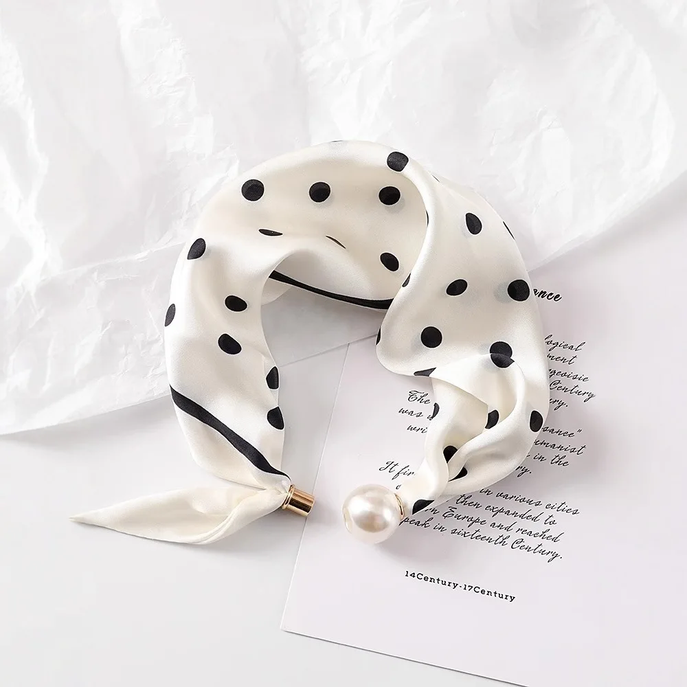 Women Satin Neck Scarf Choker, Black White Striped Small Scarf with Magnetic Big Pearl Buckle, Elegant Decorative Neck Band Acce
