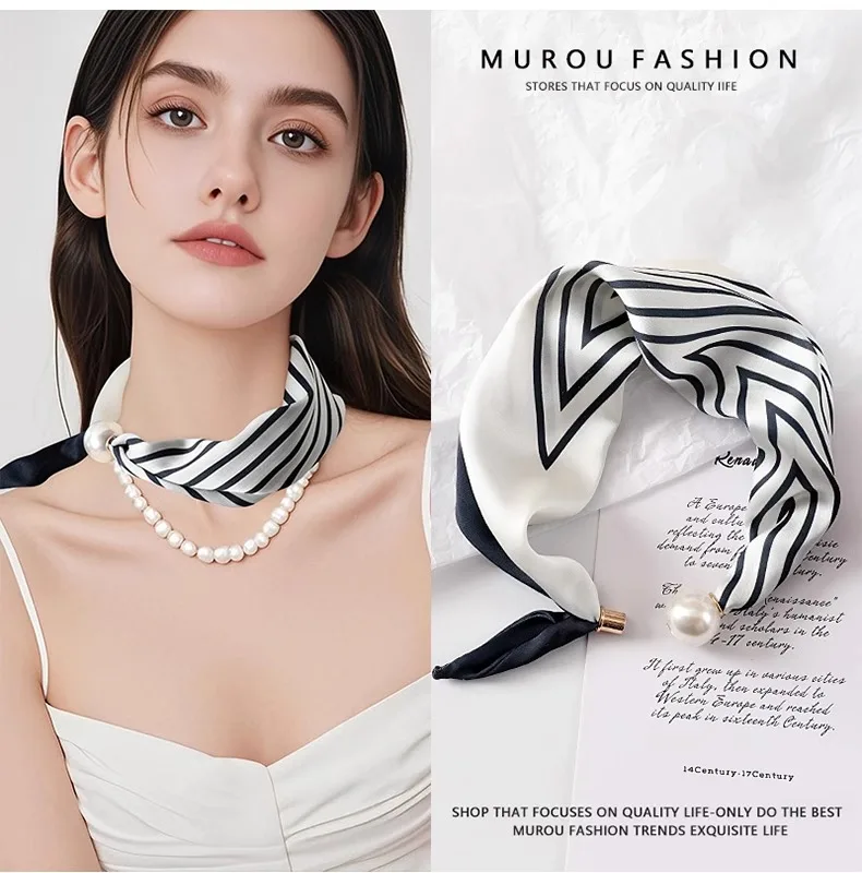 Women Satin Neck Scarf Choker, Black White Striped Small Scarf with Magnetic Big Pearl Buckle, Elegant Decorative Neck Band Acce