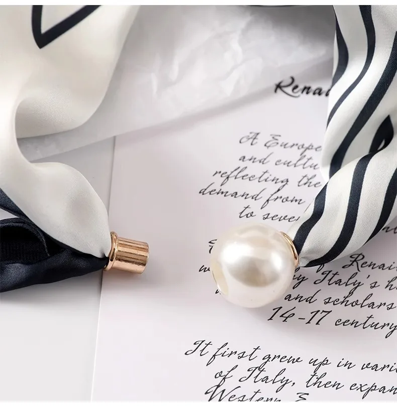 Women Satin Neck Scarf Choker, Black White Striped Small Scarf with Magnetic Big Pearl Buckle, Elegant Decorative Neck Band Acce