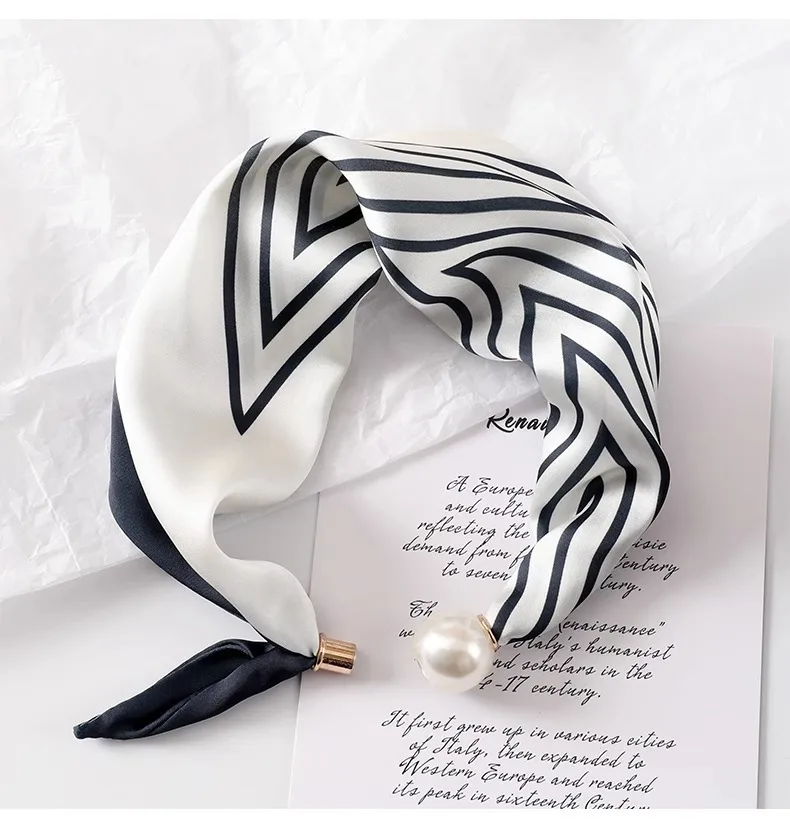 Women Satin Neck Scarf Choker, Black White Striped Small Scarf with Magnetic Big Pearl Buckle, Elegant Decorative Neck Band Acce