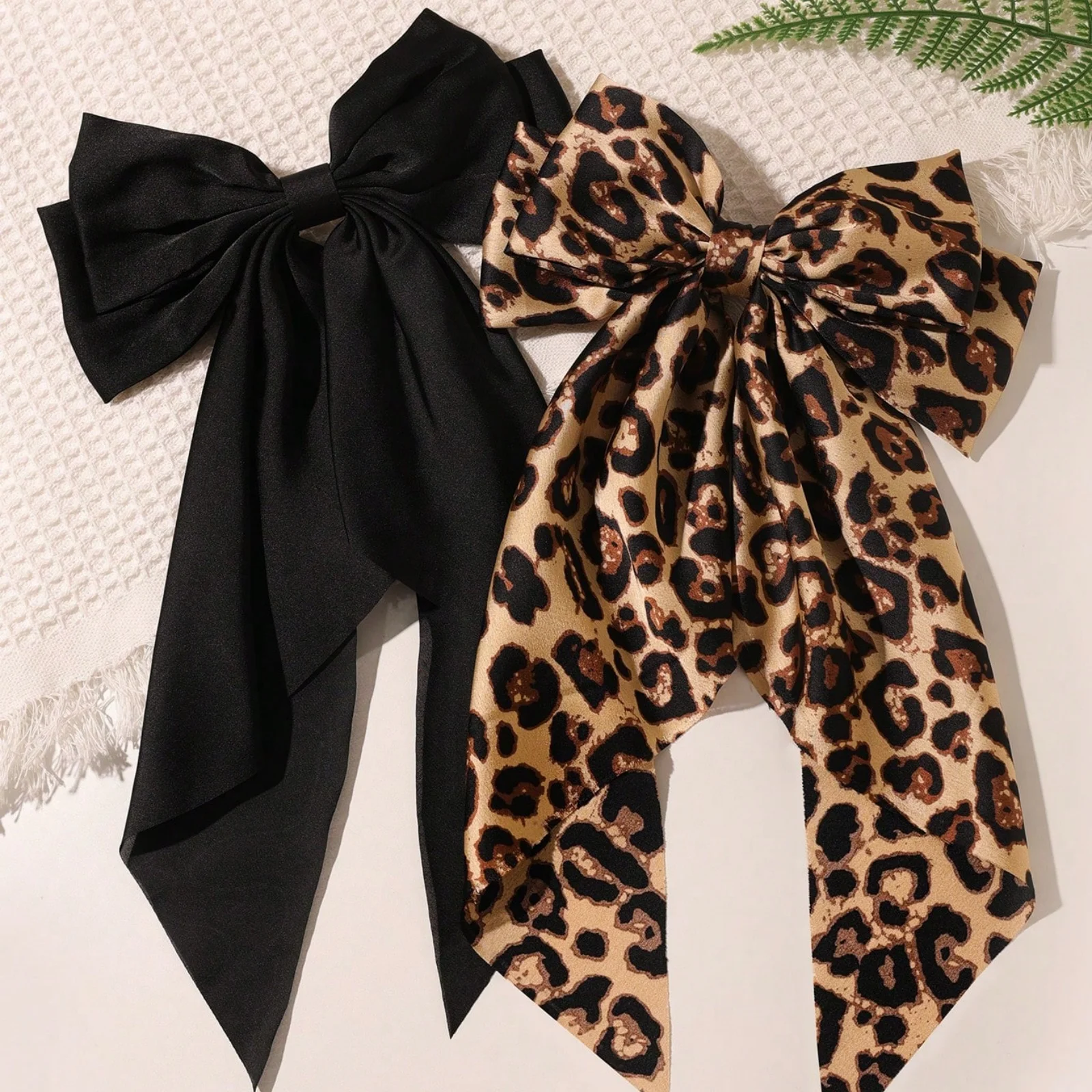 Set of 2 Satin Leopard Solid Color Bow Long Floating Spring Clip Headdress Hair Accessories Solid Color Leopard Boho
