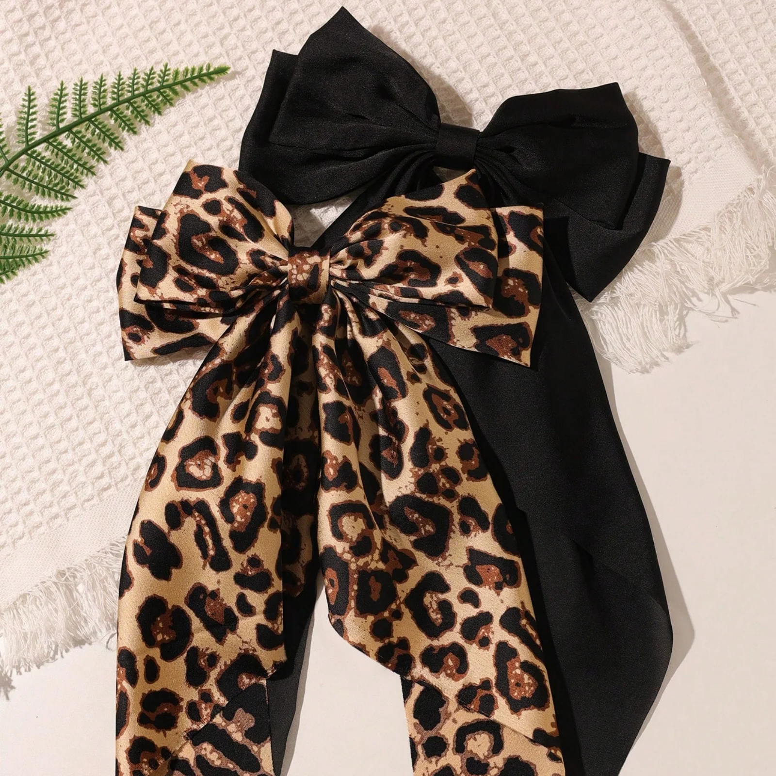 Set of 2 Satin Leopard Solid Color Bow Long Floating Spring Clip Headdress Hair Accessories Solid Color Leopard Boho