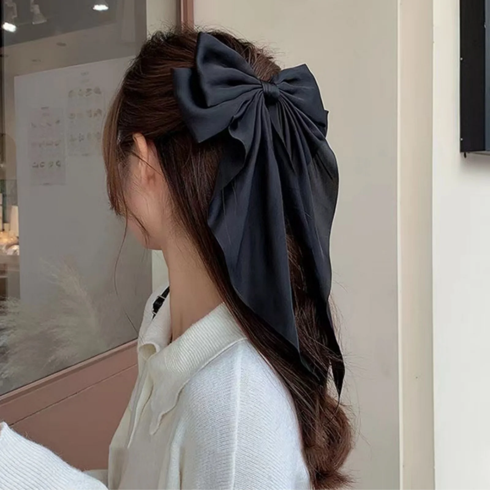 Set of 2 Satin Leopard Solid Color Bow Long Floating Spring Clip Headdress Hair Accessories Solid Color Leopard Boho
