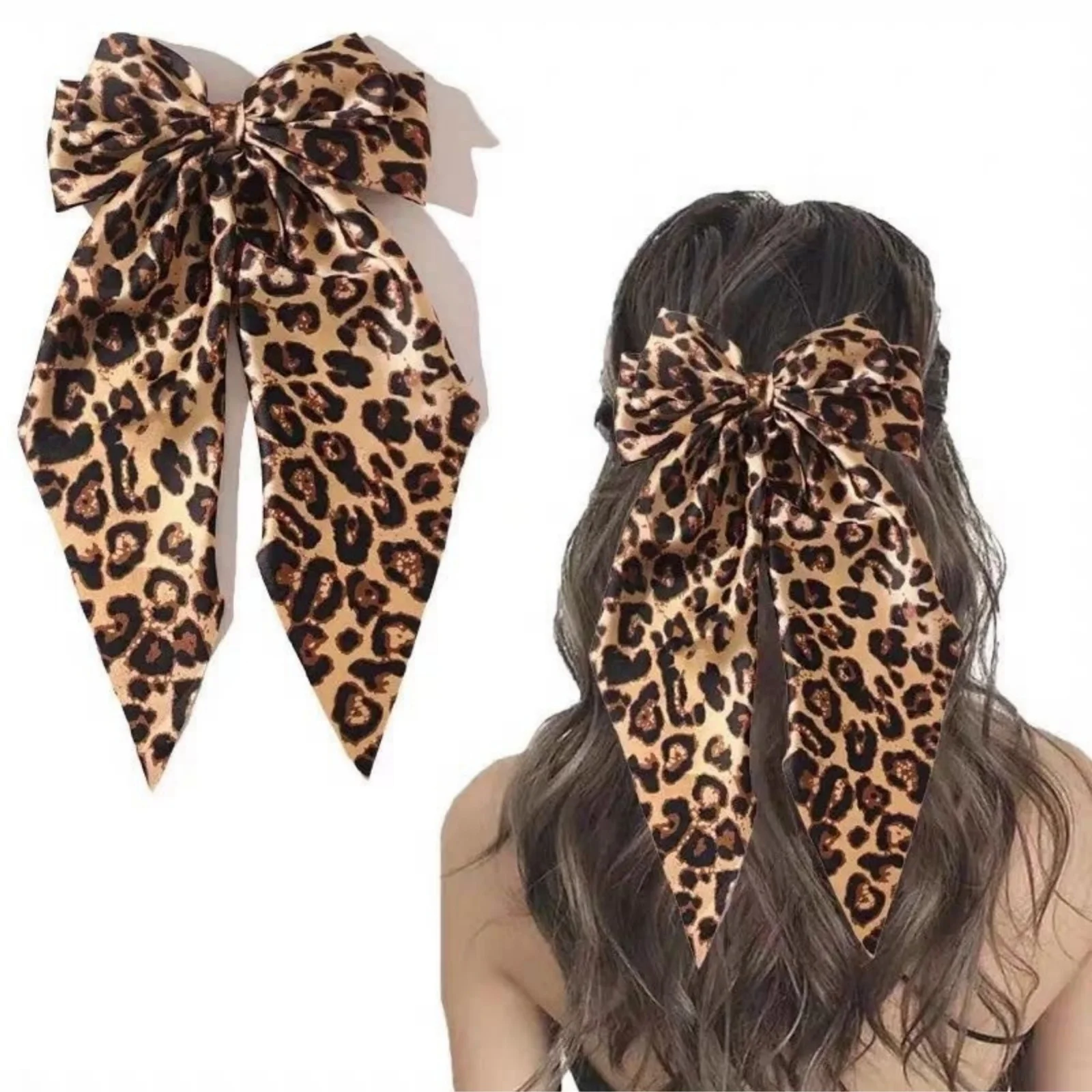 Set of 2 Satin Leopard Solid Color Bow Long Floating Spring Clip Headdress Hair Accessories Solid Color Leopard Boho