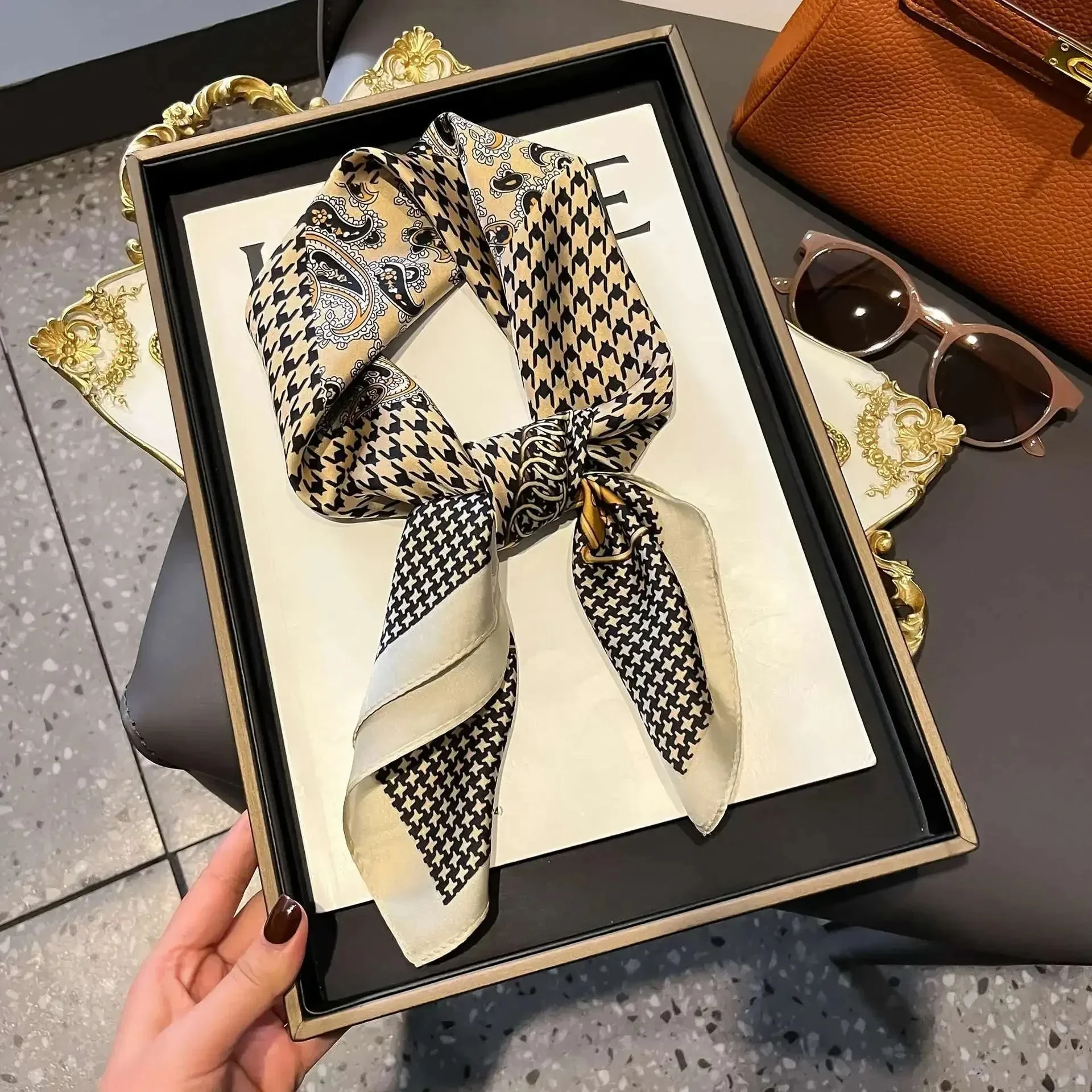 Tree Oil Painting Print Neckerchief Classic Imitation Silk Square Scarf Breathable Bandana Head Wrap Hair Accessories