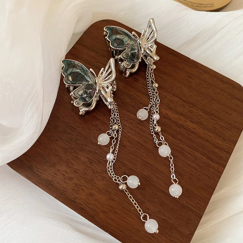 1/2 Pcs New Blue-silver Splicing Butterfly Imitation Pearl Fringe Small Crab Hair Clips for Women Princess Style Bang Shark Clip