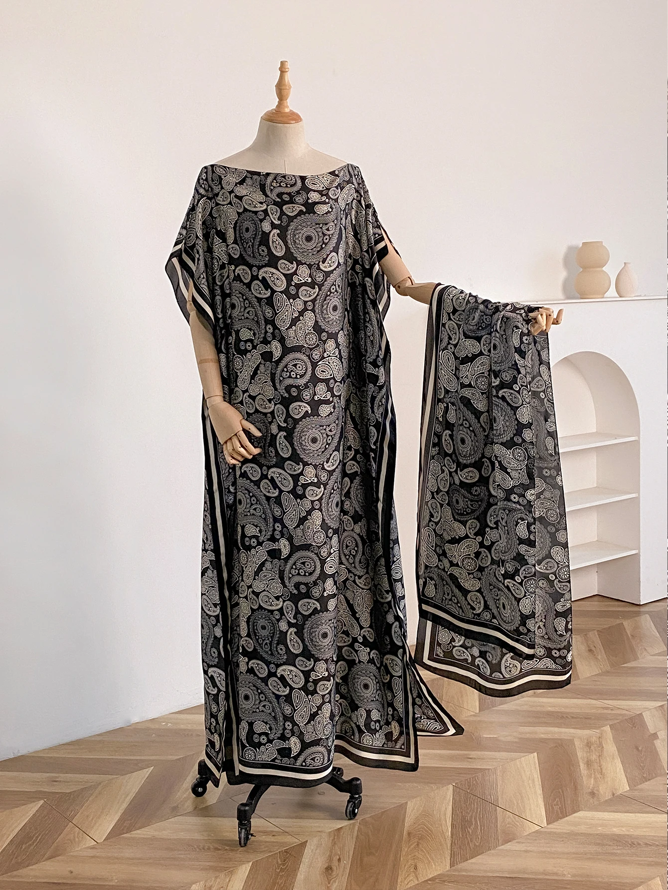 NEW Fashion Summer Dress With Big Scarf Dubai Turkey Kaftan Muslim Loose Abaya Women African Casual Maxi Peacock Shawl Robe