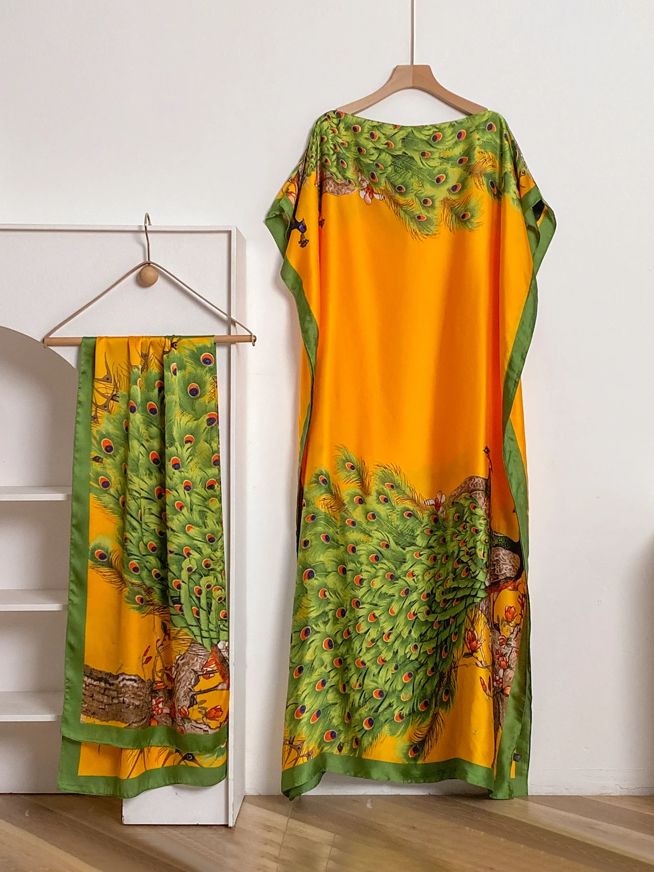 NEW Fashion Summer Dress With Big Scarf Dubai Turkey Kaftan Muslim Loose Abaya Women African Casual Maxi Peacock Shawl Robe