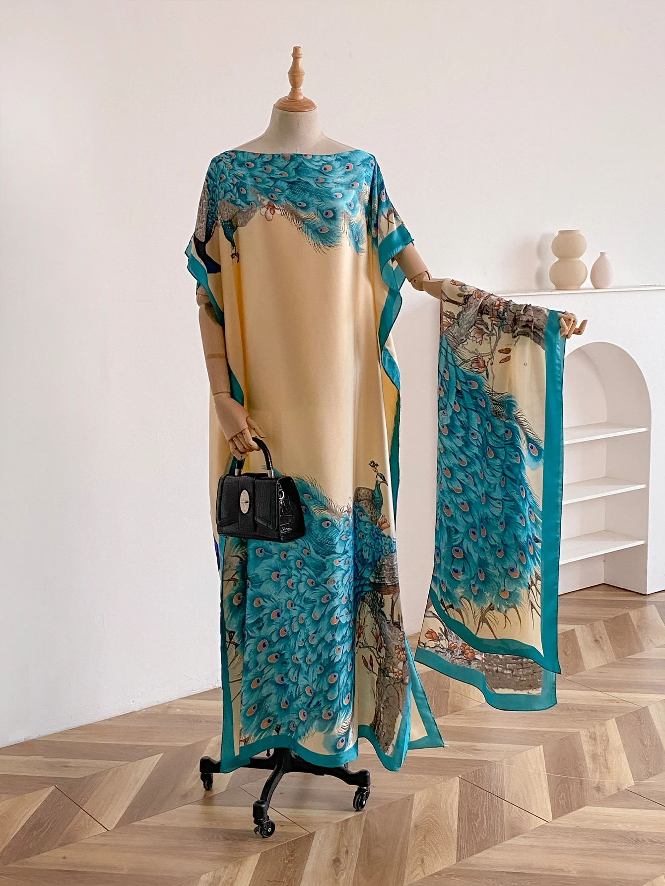 NEW Fashion Summer Dress With Big Scarf Dubai Turkey Kaftan Muslim Loose Abaya Women African Casual Maxi Peacock Shawl Robe