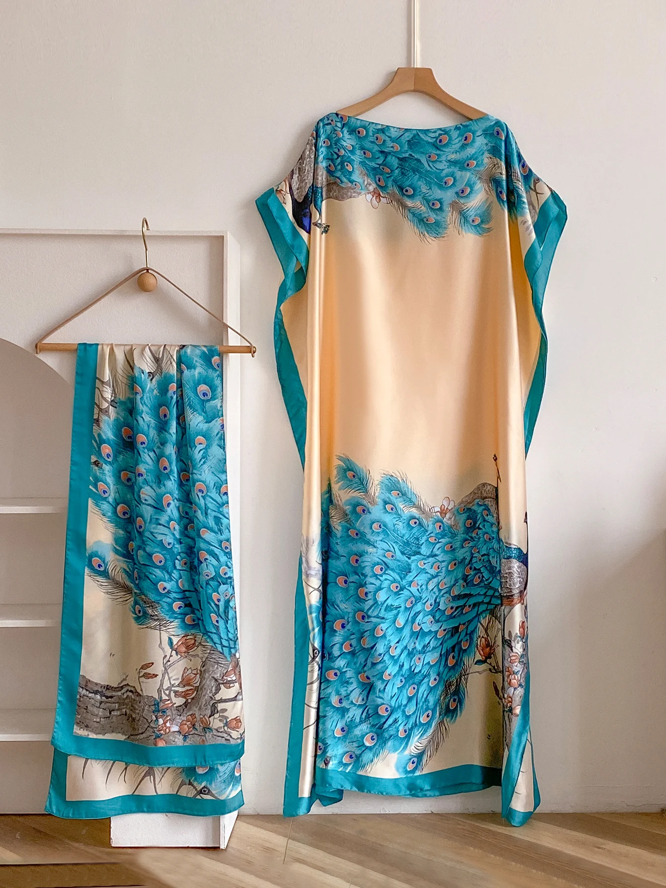 NEW Fashion Summer Dress With Big Scarf Dubai Turkey Kaftan Muslim Loose Abaya Women African Casual Maxi Peacock Shawl Robe