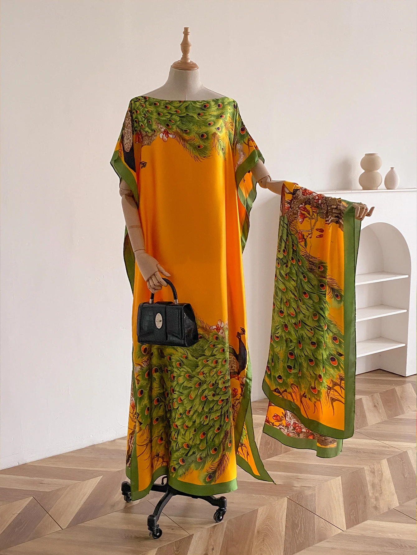 NEW Fashion Summer Dress With Big Scarf Dubai Turkey Kaftan Muslim Loose Abaya Women African Casual Maxi Peacock Shawl Robe