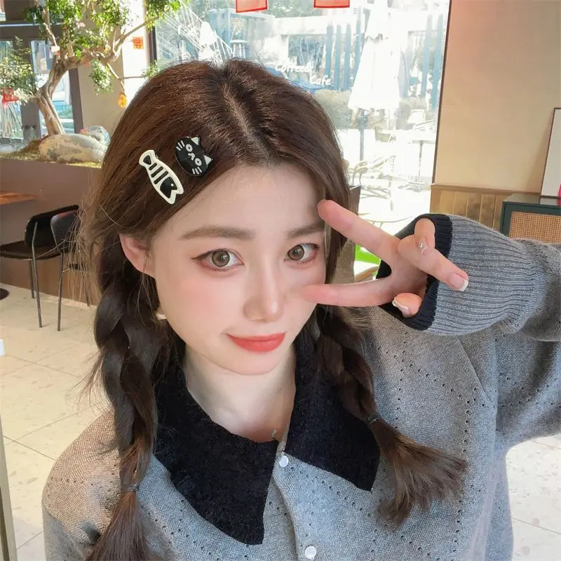 2pcs Cute cartoon black cat, small fish duckbill clip, hairpin hair accessory, sweet wind, forehead hair clip, edge clip