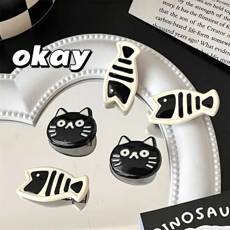 2pcs Cute cartoon black cat, small fish duckbill clip, hairpin hair accessory, sweet wind, forehead hair clip, edge clip