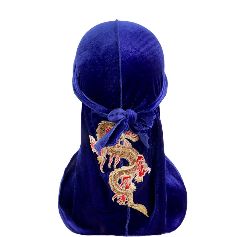 New Men's Dragon Pattern Velvet Durags Bandanas Headwear DuRag Turban Hat Headband Breathable Head Wraps With Extra Long Tail