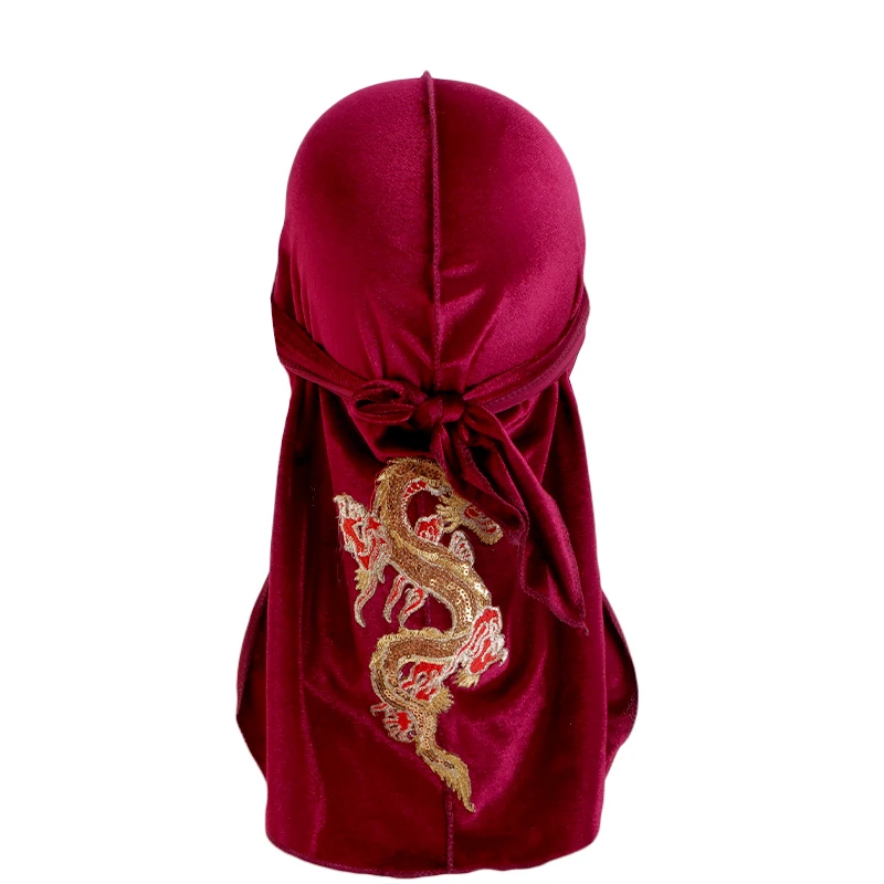 New Men's Dragon Pattern Velvet Durags Bandanas Headwear DuRag Turban Hat Headband Breathable Head Wraps With Extra Long Tail
