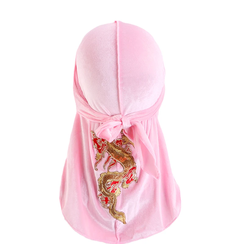 New Men's Dragon Pattern Velvet Durags Bandanas Headwear DuRag Turban Hat Headband Breathable Head Wraps With Extra Long Tail