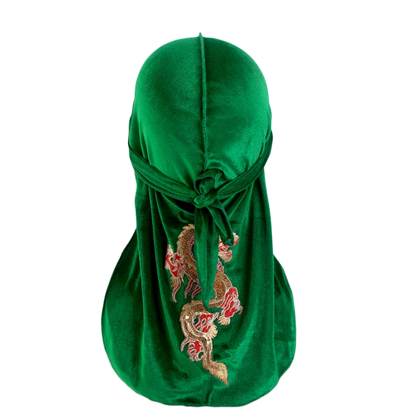 New Men's Dragon Pattern Velvet Durags Bandanas Headwear DuRag Turban Hat Headband Breathable Head Wraps With Extra Long Tail