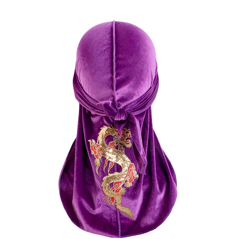 New Men's Dragon Pattern Velvet Durags Bandanas Headwear DuRag Turban Hat Headband Breathable Head Wraps With Extra Long Tail
