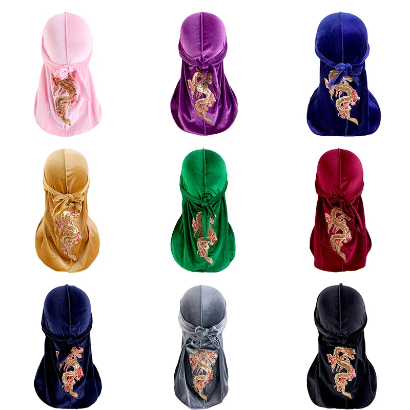 New Men's Dragon Pattern Velvet Durags Bandanas Headwear DuRag Turban Hat Headband Breathable Head Wraps With Extra Long Tail