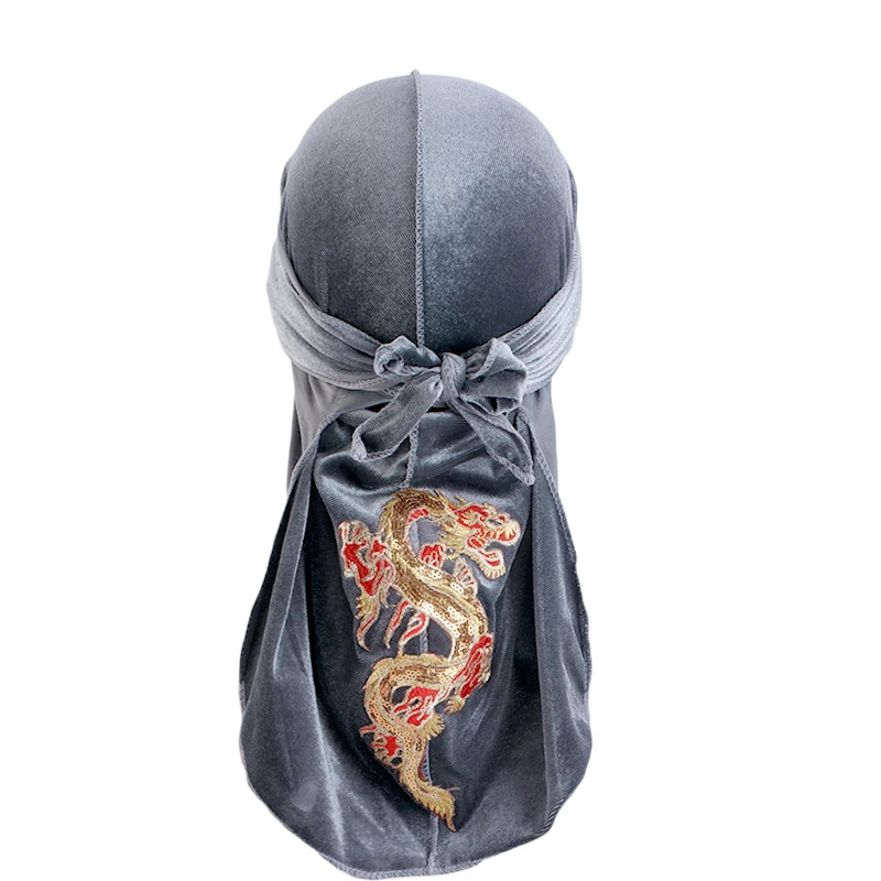 New Men's Dragon Pattern Velvet Durags Bandanas Headwear DuRag Turban Hat Headband Breathable Head Wraps With Extra Long Tail