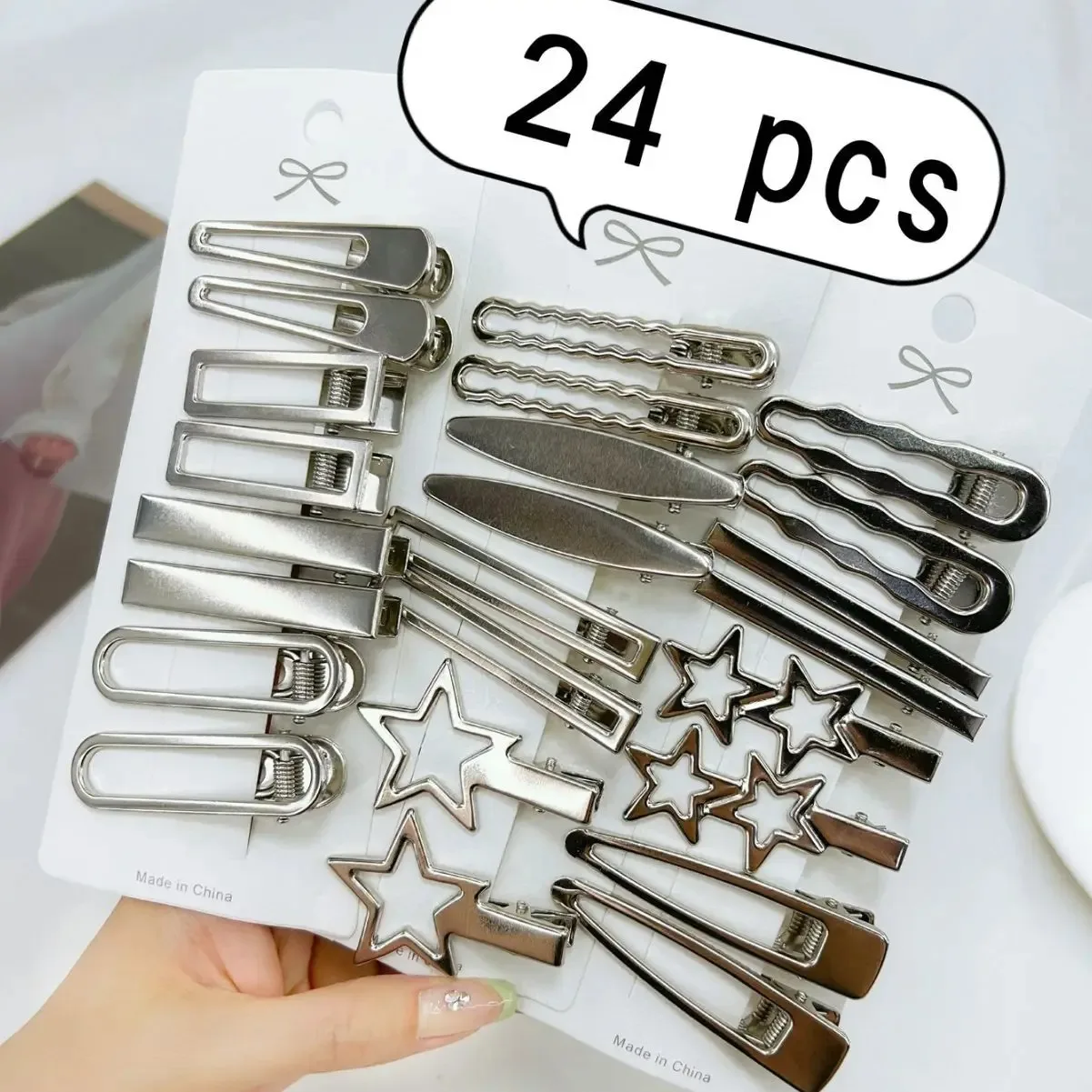 24Pcs/Set Y2K Silver Metal Hair Clips for Women And Girls Star Hair Accessories Multiple Styles Seamless Duckbill Hairpins