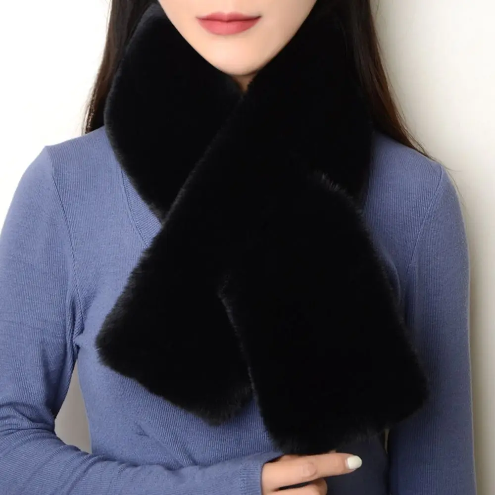 Cute Solid Color Cross Scarf Thicken Faux Rabbit Fur Neck Scarf Neck Warmer Girls