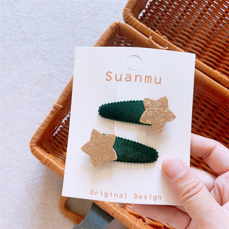 2pcs Yinfei flocking bright pink star hair clip Korean version new fabric hair accessory simple bangs BB clip headband hair clip