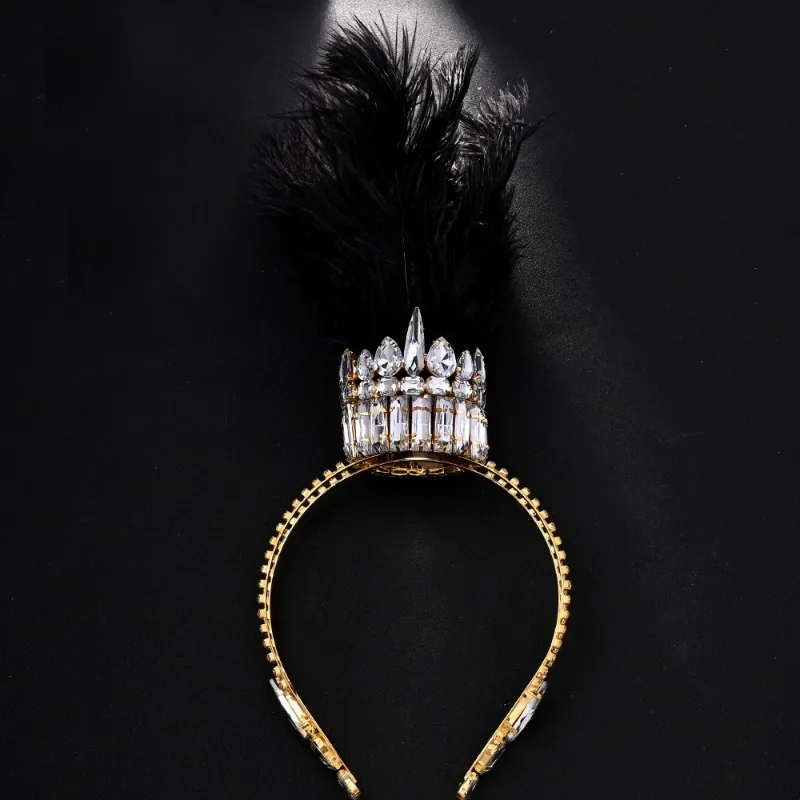 Hot at Exaggerated Crown European and American Fashion Gothic Rhinestone Female Hair Chain Drag Queen Feather Crown Headband