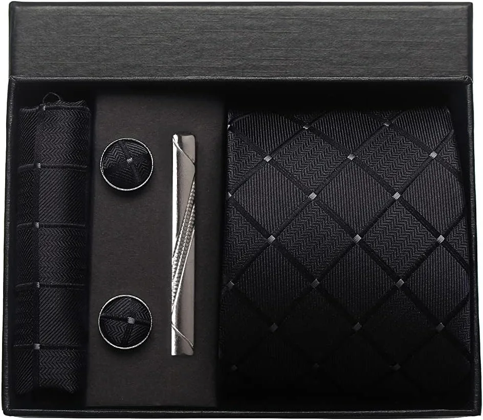 Luxury 8CM Men Silk Necktie Plaid&Check Ties Pocket Square Cufflink Tie Clip Gift Box Set For Man Groom Formal Business Jacquard
