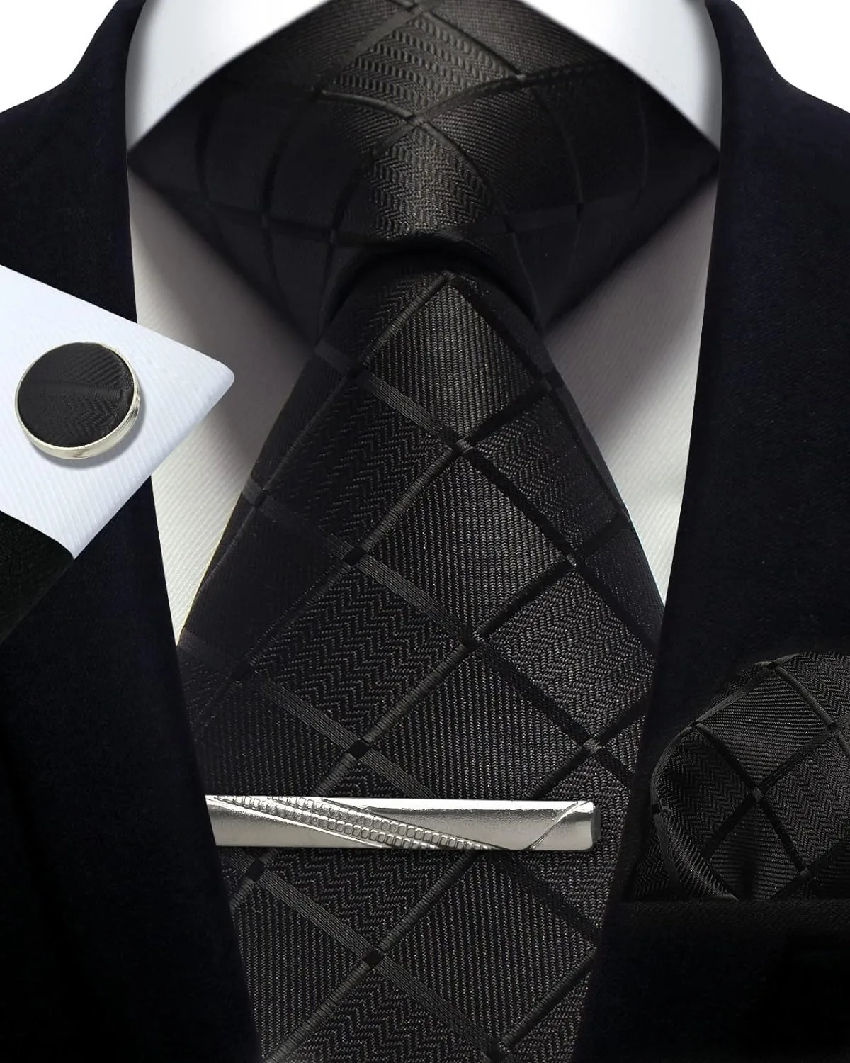 Luxury 8CM Men Silk Necktie Plaid&Check Ties Pocket Square Cufflink Tie Clip Gift Box Set For Man Groom Formal Business Jacquard